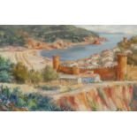 R Geli (20th century) Continental Coastal Fortified Town signed, oil on board, 29cm x 44cm