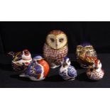 A Royal Crown Derby paperweight, Barn Owl, silver stopper, printed mark; others, Little Owl.