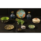 A collection of Cloisonné, comprising a frog, a pair of vases, a box and cover, a bowl, three dishes