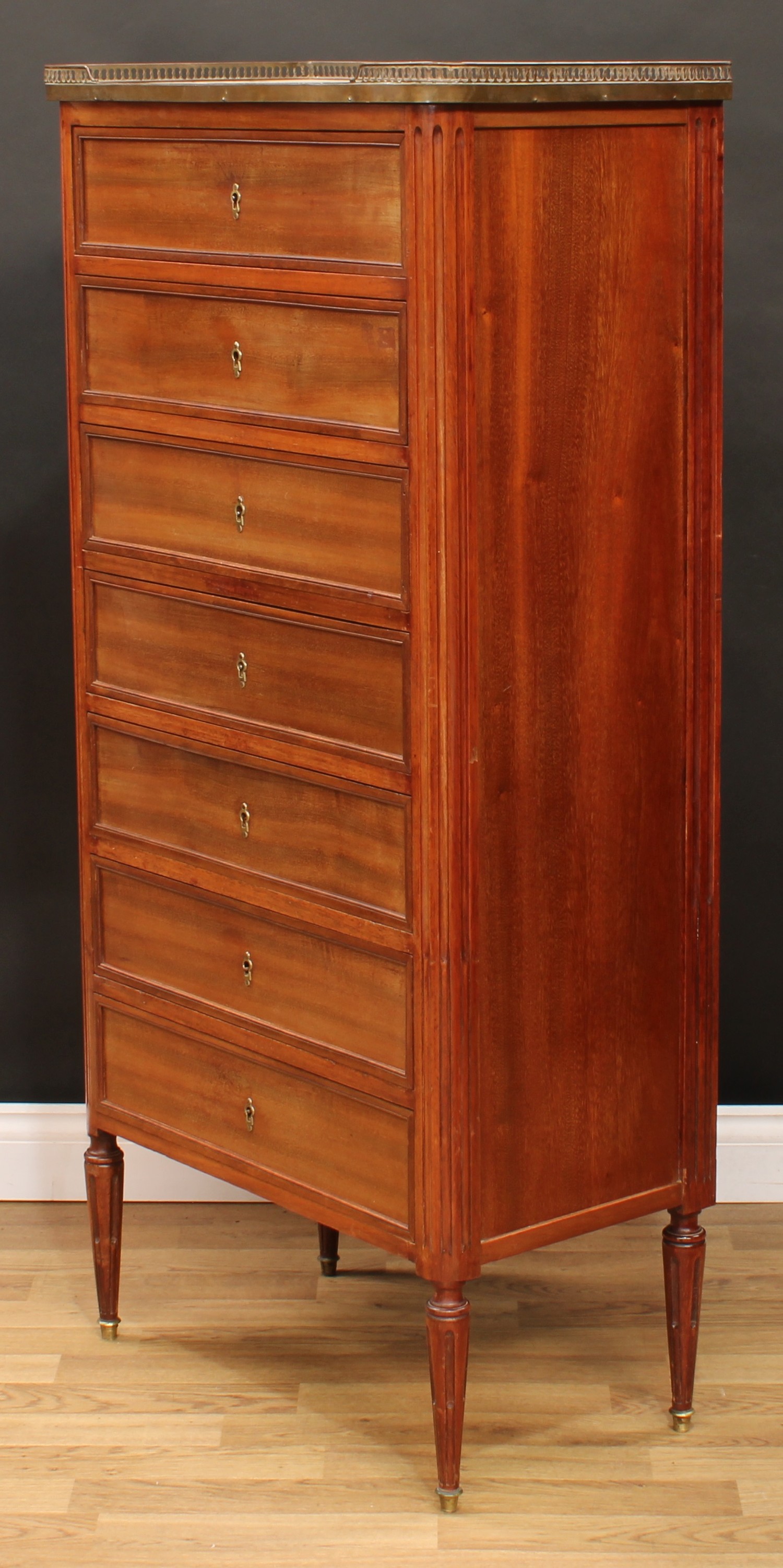 A late 19th century French semainier chest, rectangular top with pierced brass gallery above seven - Image 4 of 5