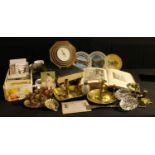 Boxes and Objects - a George III brass chamberstick; another; a silver mounted scent bottle,