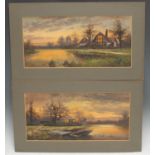 English School A Pair, Sunlight on Farm Henley on Thames and On the River oil on board, 19cm x 40cm,