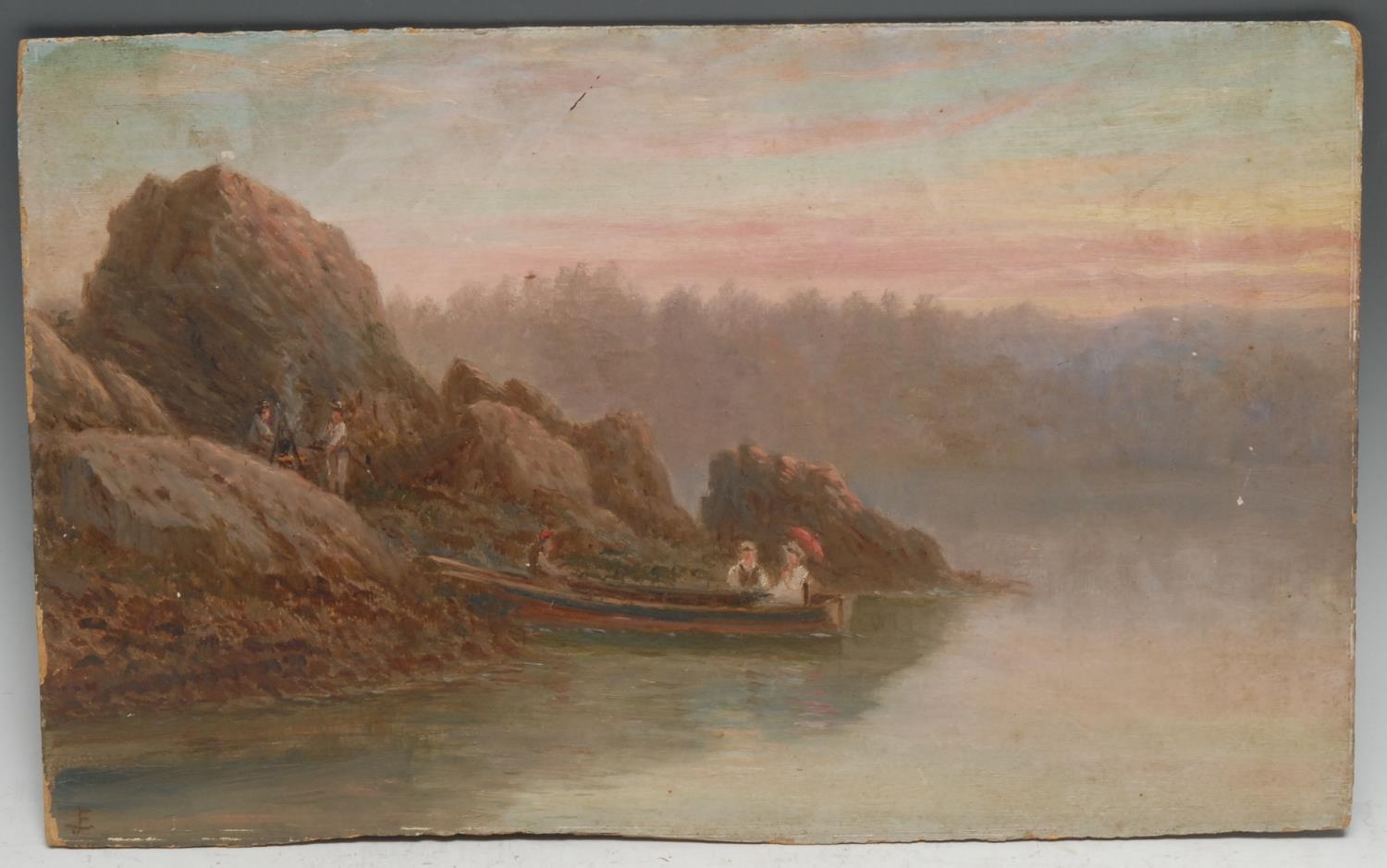 Canadian School (19th century) Mooring the Boat signed with initials, oil on board, 25cm x 41cm