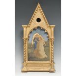 A 19th century Gothic Revival giltwood and gesso devotional icon, the arched panel painted with an