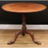 A George III mahogany tripod occasional table, circular tilting top, turned cylindrical column,