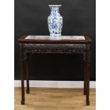 A Chinese hardwood altar table, rectangular top with inset dreamstone panel, above a deep frieze
