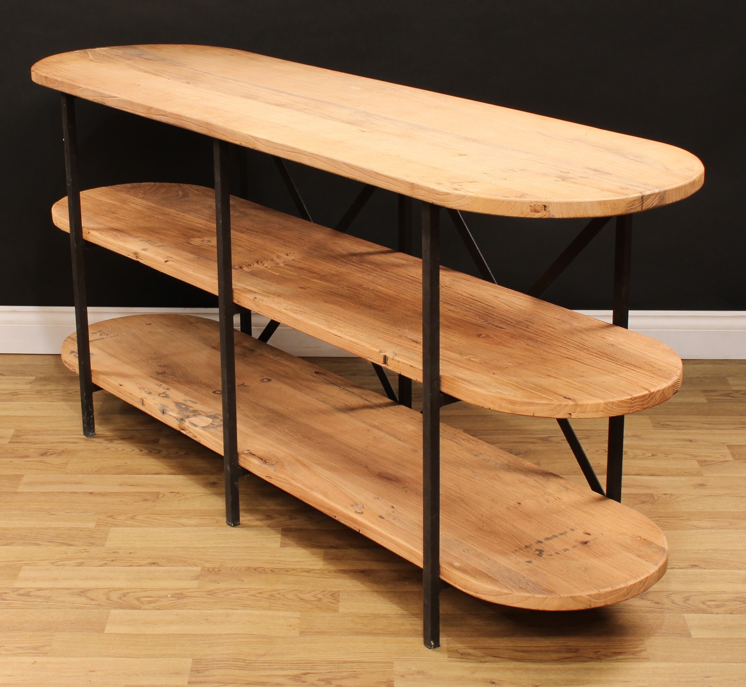 An industrial design softwood and metal open bookcase or three-tier side table, discorectangular - Image 2 of 2
