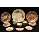 A Royal Crown Derby Posie pattern milk and sugar, pair of teacups and saucers; Olde Avesbury plates;