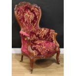 A Victorian spoon back drawing room chair, 111cm high, 65cm wide, the seat 42cm wide and 38cm deep
