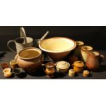 Stoneware - a large kitchen bowl; saltglazed cooking pot; storage jars; hot water jug; inkwell; born