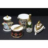 A Royal Crown Derby Imari palette miniature model of a milk churn and cover, 7cm, printed mark,