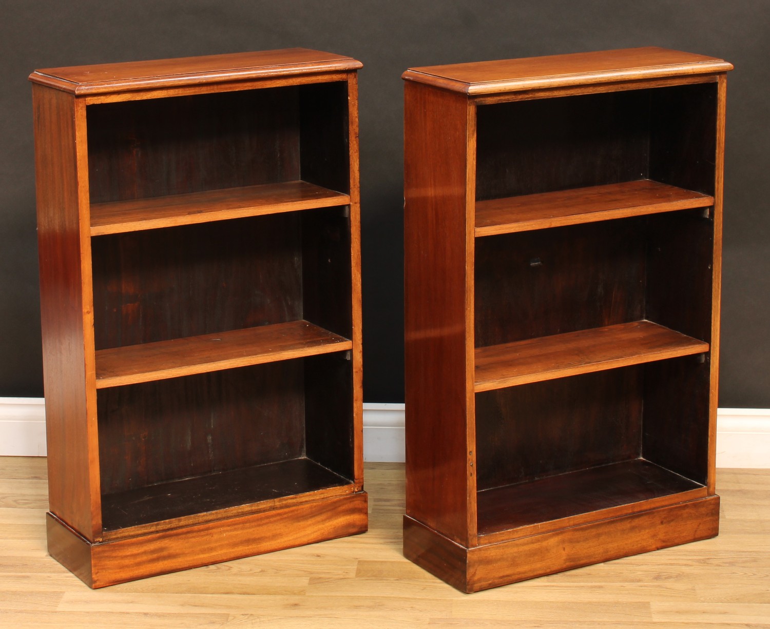 A pair of mahogany open bookcases, of small proportions, each with a moulded rectangular top above - Image 3 of 3