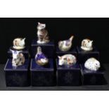 A Royal Crown Derby paperweight, Kitten silver stopper, boxed; others, Wren, Firecrest, four