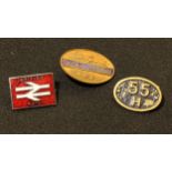 An LMS Railway service badge; another, British Rail; a Shed badge, 55H, (3).