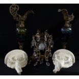 A pair of Baroque design gilt metal mounted lustre glass ewers; a pair of pottery wall brackets,