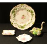 A Royal Crown Derby shaped circular plate, painted with pink rosebuds within an apple green