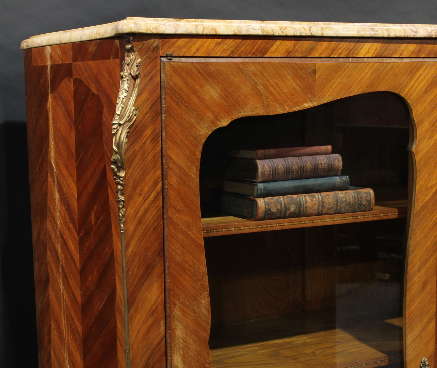 A Louis XV style gilt metal mounted kingwood and marquetry bookcase, marble top above a pair of - Image 3 of 3