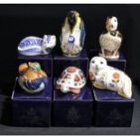 A Royal Crown Derby paperweight, Fox, silver stopper, boxed; others, Tortoise, Seal, Mandarin