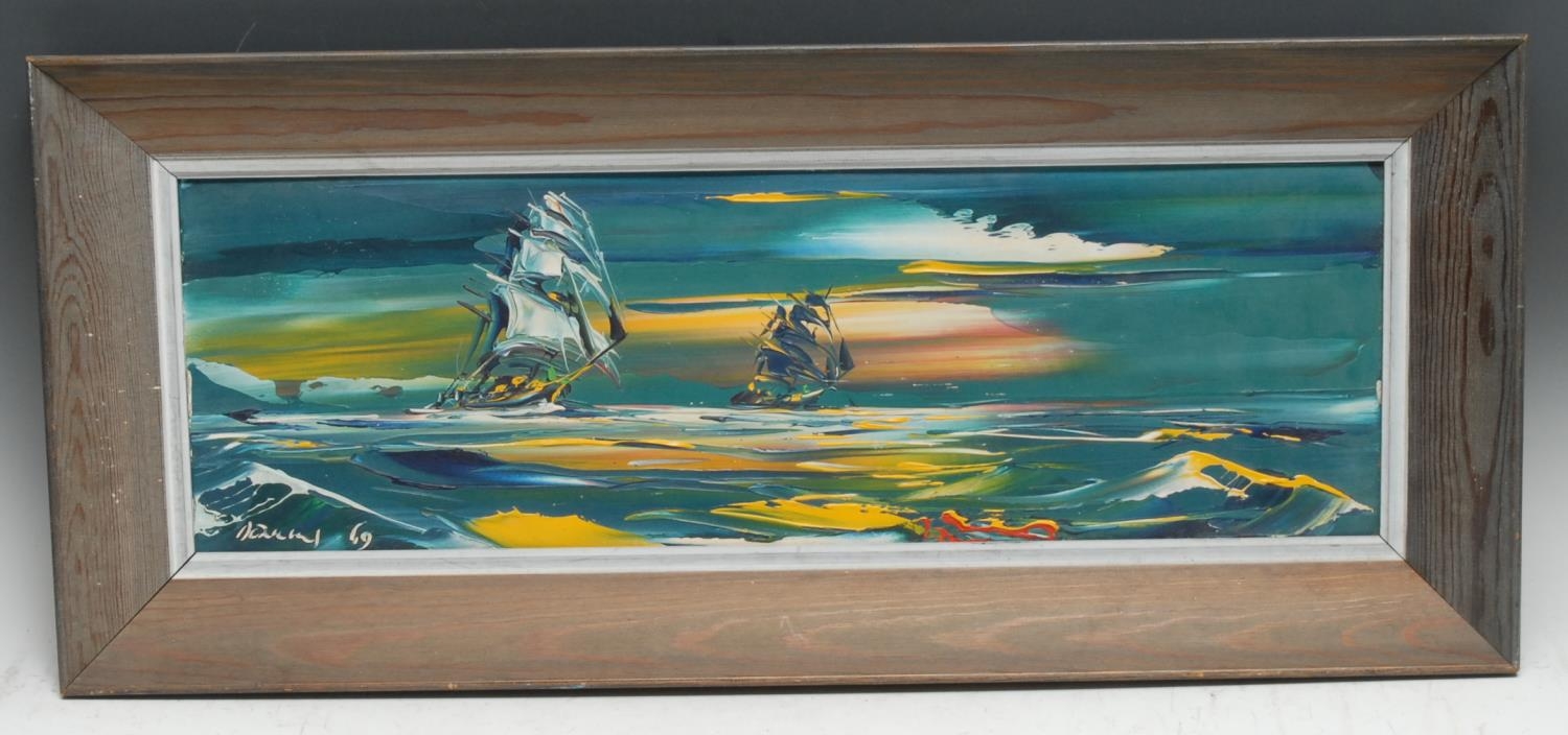 George R Deakins Sailing Ships signed, dated 69, oil on board, 19cm x 59cm - Image 2 of 4