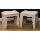 A pair of Chinese inspired tea tables or jardiniere stools, the sides impressed with the double
