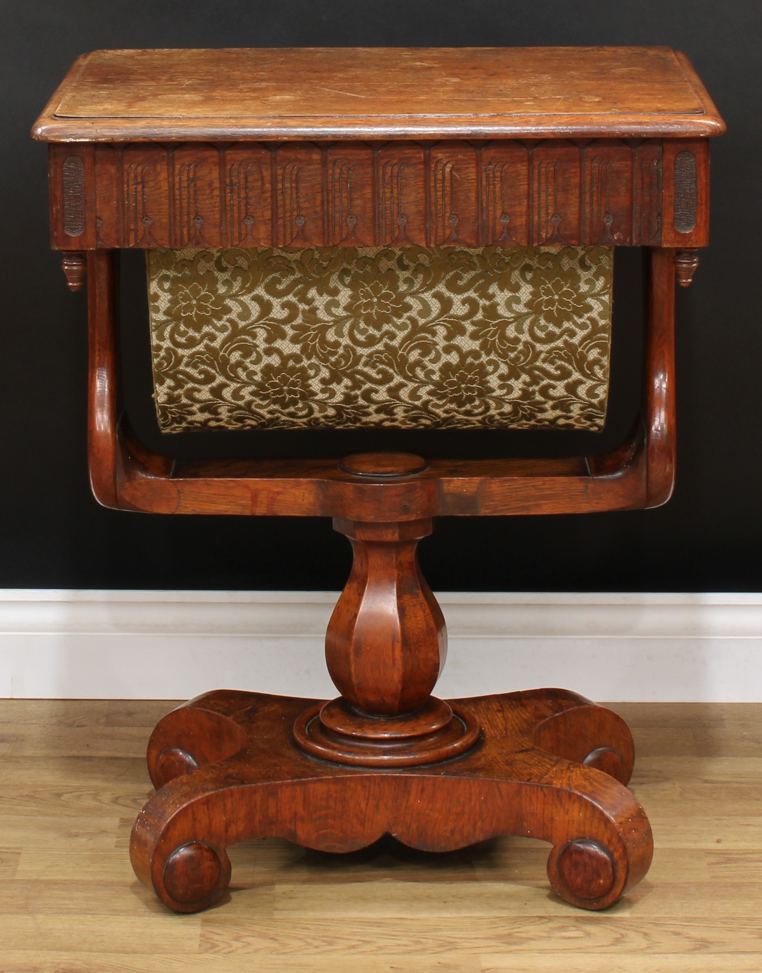 A Victorian oak work table, rounded rectangular top with moulded edge above a frieze drawer and - Image 7 of 7