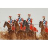 English School Lancers on Horseback indistinctly signed, watercolour and gouache, 18.5cm x 28cm