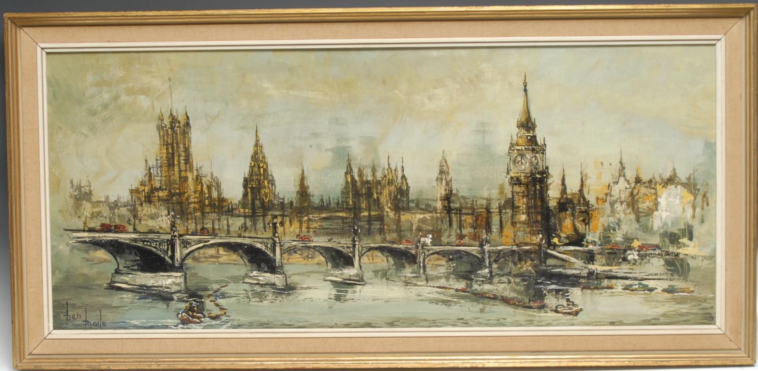 Ben Maile (1922-2017) The House of Parliament from the River Thames signed, oil on board, 36cm x