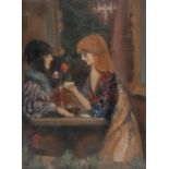 Gerald Rapson Girls Talking signed, oil, labelled to verso, 37.5cm x 27.5cm