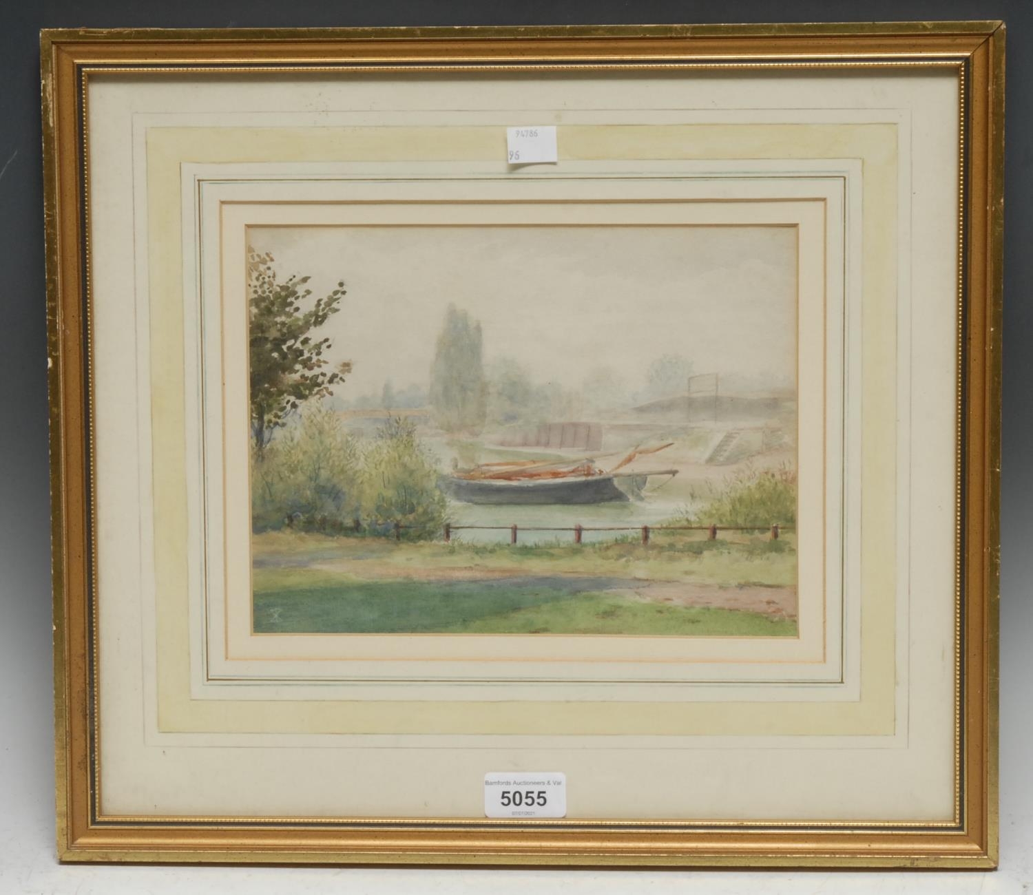 Leonard Ormonde Moored River Boat label to verso, watercolour, 18.5cm x 25cm - Image 3 of 6