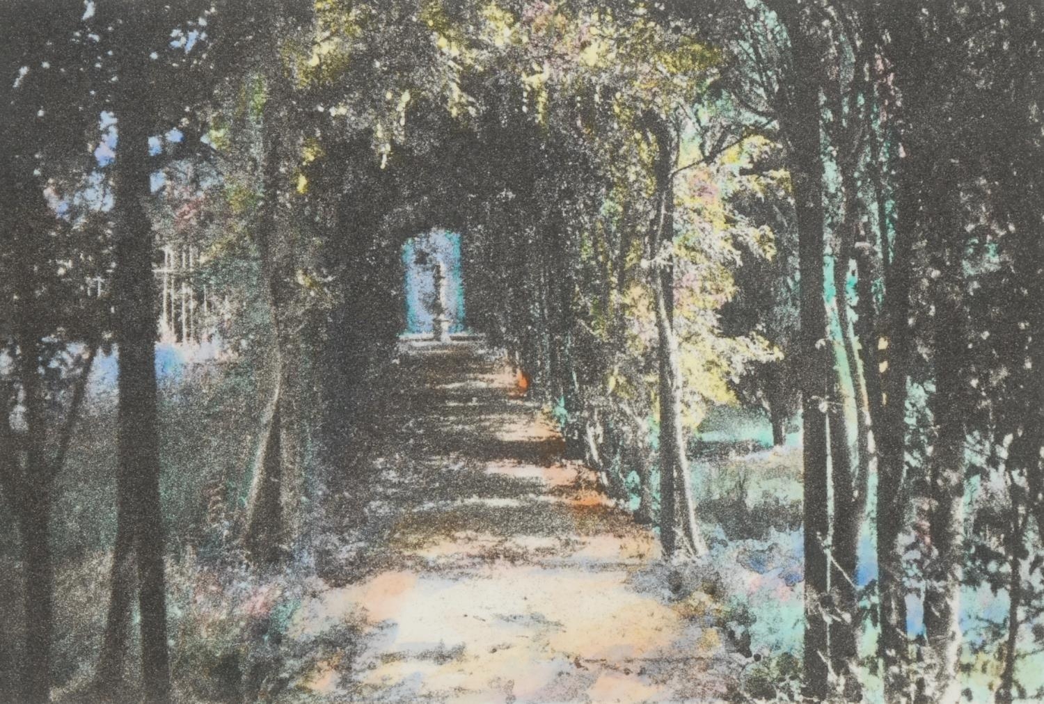 Jennifer Dickson, The Trysting Place (Athelhampton), hand tinted etching, 21/30, signed in pencil,