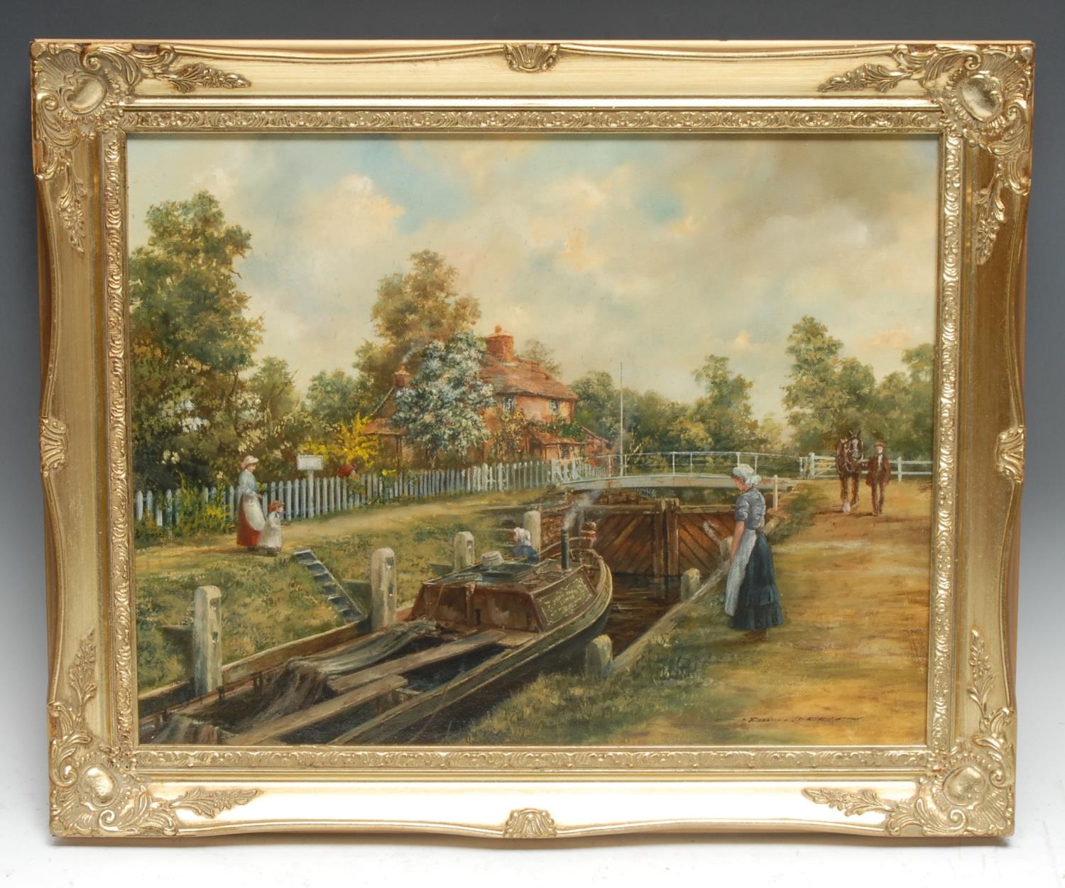 Roderick Lovesey Canal Lock signed, oil on canvas,34cm x 44cm - Image 2 of 4