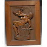 An Arts and Craft oak panel, in relief with Cupid and Baaccante, 60cm x 41cm