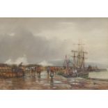 English School (late 19th century) Fishing Boats along a busy pier indistinctly signed, watercolour,