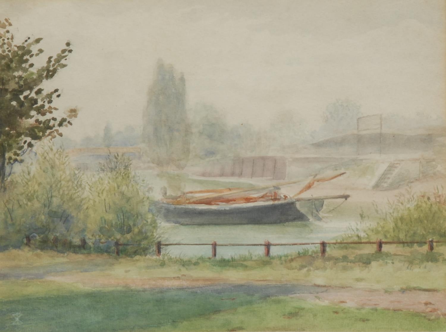 Leonard Ormonde Moored River Boat label to verso, watercolour, 18.5cm x 25cm - Image 2 of 6