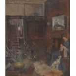 Irish School Impressionist Interior, with lady and dog indistinctly signed, oil on canvas, 34cm x