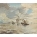 Michael Crawley (contemporary) Ship with tug boats signed, oil on board, 49cm x 59cm