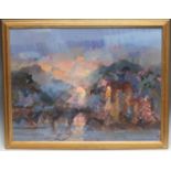 R Curran Impressionist School Eilean Donan, Daybreak oil on board, 54cm x 70cm