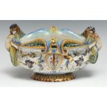 A Cantigalli shaped oval pedestal jardiniere, moulded and painted in the Renaissance taste, 24.5cm