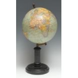 An early 20th century French terrestrial globe, by G. Thomas, Paris, ebonised stand, 38.5cm high