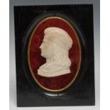 An Italian alabaster relief portrait plaque, of a Renaissance gentleman, bust length facing to