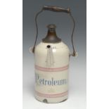 Automobilia - an early 20th century French enamel petrol can, inscribed Petroleum, 2Ltr, 28cm