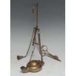 A 19th century bronze hanging spout lamp, after a Roman oil lamp, snuffers ensuite, 27.5cm high