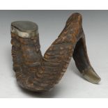 A 19th century ram's horn snuff mull, of local interest, the hinged cover inscribed Chas. Beard, Fox