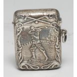 Golf - a silver novelty vesta case, embossed with a golfer taking a swing, hinged cover, striker