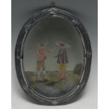 A 19th century stained glass oval panel, painted with a meeting of gentlemen in 17th century