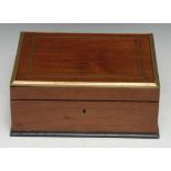 A French mahogany jewellery box, hinged cover enclosing a fitted lift-out tray with provision for