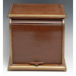 An early 20th century brass mounted mahogany desk top tambour front stationery cabinet, fitted