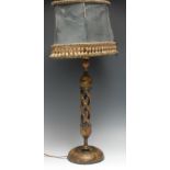 A Kashmiri table lamp, typically decorated in polychrome and gilt with flowers, open-twist pillar,