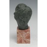 Yuki (Japanese School), a verdigris patinated bronze, bust of a young lady, marble base, 15cm high