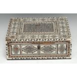 An Indian Colonial sadeli and ivory marquetry rectangular box, veneered overall with geometric